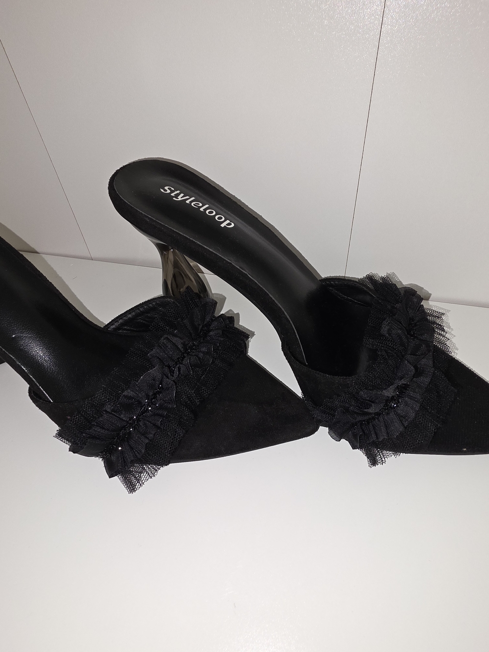 Black Pointed Toe Ruffle Slide Heels - Picture 3 of 4